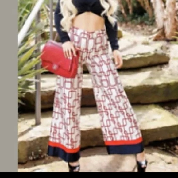 ZARA womens wide leg chain link pants navy red pull on XS - Picture 3 of 8